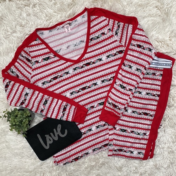 Victoria’s Secret Fireside Thermal Pajama Set 💗 Red & White - Picture 1 of 16